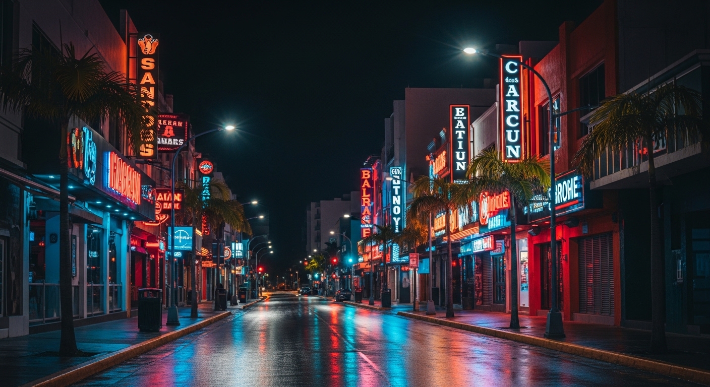 cancun nightlife neon bar entertainment district night