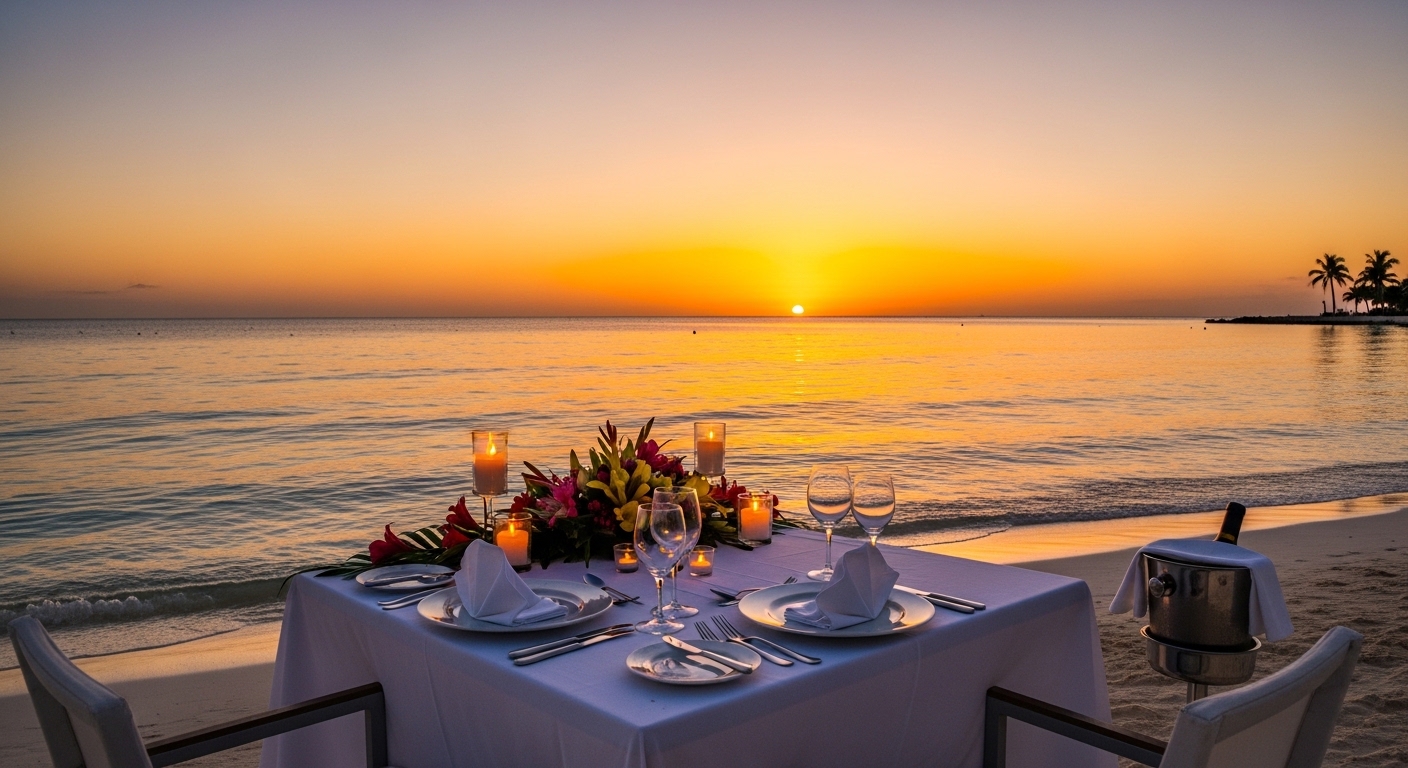 romantic cancun beach sunset dinner couple setup no faces